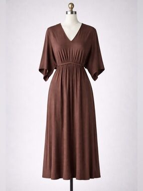 Soma Midi Bra Dress L Brown V Neck Dolman Sleeve Tie Waist Stretch NWT